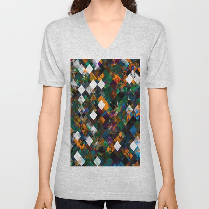 geometric pixel square pattern abstract art in orange brown blue green V Neck T Shirt