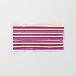 [ Thumbnail: Brown, Orchid & Light Yellow Colored Stripes/Lines Pattern Hand & Bath Towel ]