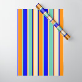 [ Thumbnail: Dark Orange, Bisque, Aquamarine, and Blue Colored Lined/Striped Pattern Wrapping Paper ]
