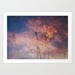 Butterfly and Blush Pink and Indigo Blue Sunset Art Print