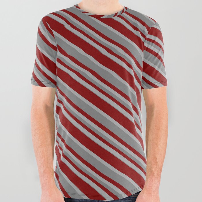Maroon, Dark Grey & Gray Colored Lined Pattern All Over Graphic Tee