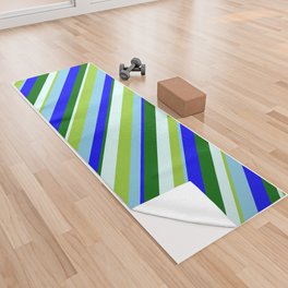 [ Thumbnail: Eye-catching Green, Light Cyan, Dark Green, Blue & Sky Blue Colored Lines/Stripes Pattern Yoga Towel ]