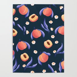 Seamless pattern with hand drawn peaches and floral elements Poster