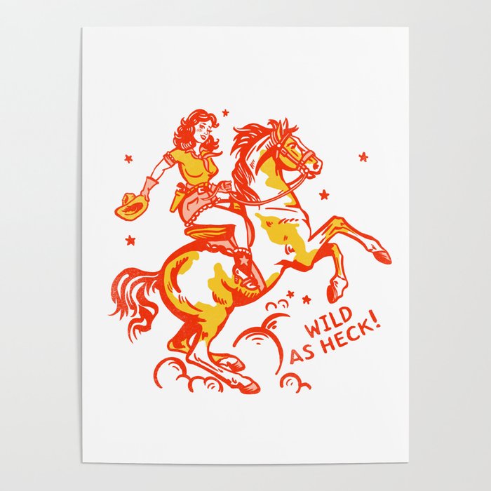 Retro Cowgirl Horse Riding Art. Vintage Western Decor Art