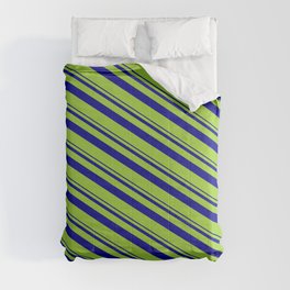 [ Thumbnail: Dark Blue & Green Colored Stripes Pattern Comforter ]