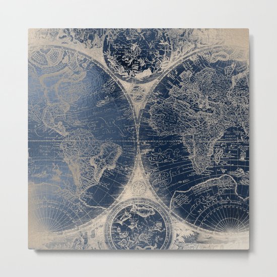 Antique World Map Gold Navy Blue Library Metal Print