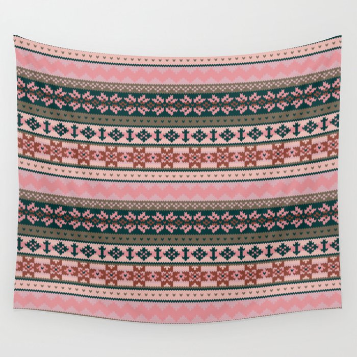 Sweater Weather- Fair Isle in Peach, Pink, Spruce, Moss and Copper Wall Tapestry