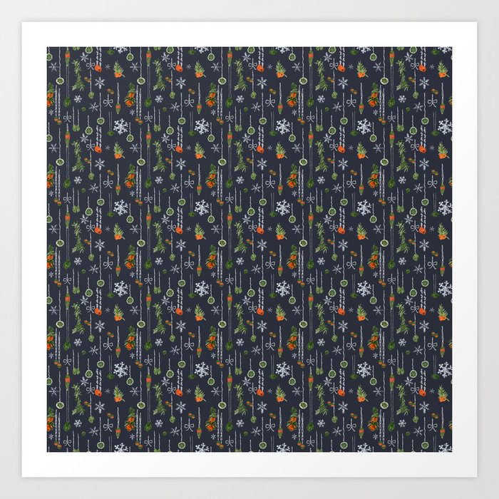 Yew Botanical Ornaments, Gnome for the Holidays Collection, Dark Blue Art Print