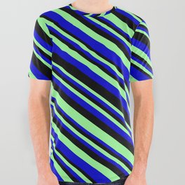 [ Thumbnail: Green, Blue & Black Colored Striped/Lined Pattern All Over Graphic Tee ]