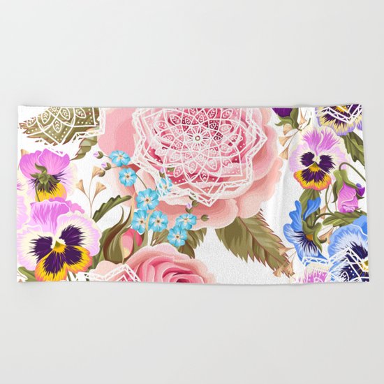 Spring flowers with mandalas Beach Towel