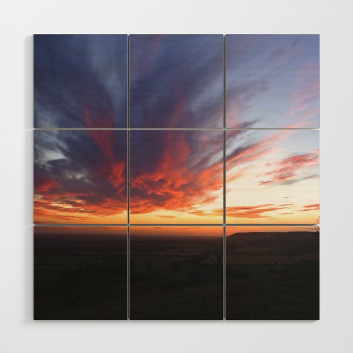 Dramatic red sunrise over the countryside hills, Aston Rowant Nature Reserve Wood Wall Art
