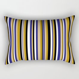 [ Thumbnail: Tan, Dark Goldenrod, Black, White & Midnight Blue Colored Lines/Stripes Pattern Rectangular Pillow ]