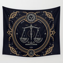 Libra Zodiac Golden White on Black Background Wall Tapestry