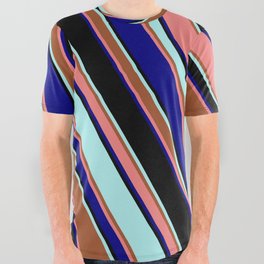 [ Thumbnail: Eyecatching Turquoise, Sienna, Light Coral, Blue, and Black Colored Lined Pattern All Over Graphic Tee ]