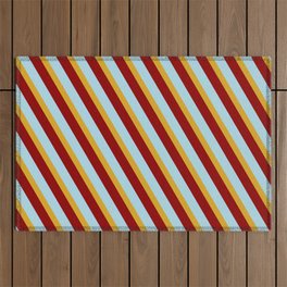 [ Thumbnail: Dark Red, Light Blue, and Goldenrod Colored Lined/Striped Pattern Outdoor Rug ]
