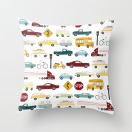 Beep Beep! Cars and Trucks Traffic Pattern Throw Pillow