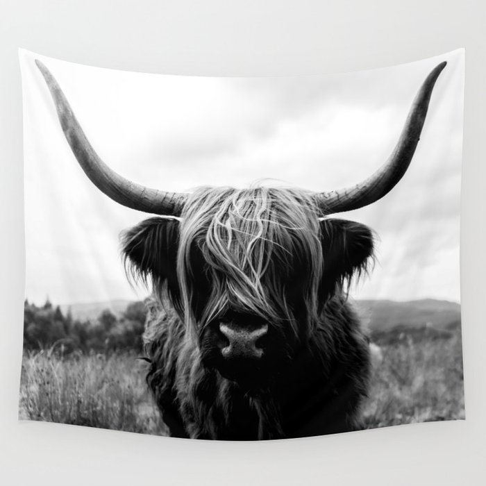 Scottish Highland Cattle in Black and White - Animal Photograph Wall Tapestry