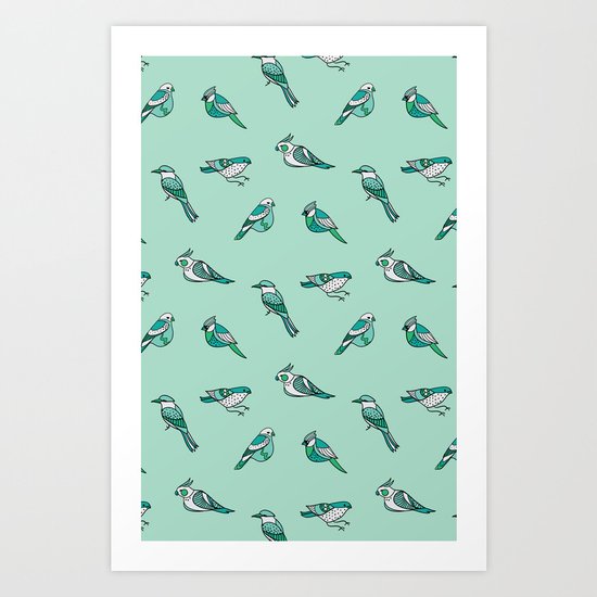 doodle birds - mint Art Print