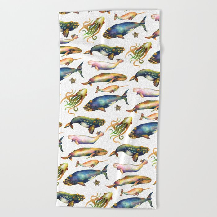 Whales and a Little Squid Beach Towel