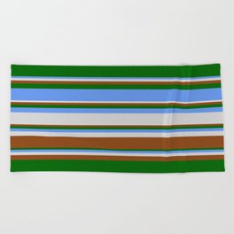 [ Thumbnail: Cornflower Blue, Light Grey, Brown & Dark Green Colored Pattern of Stripes Beach Towel ]