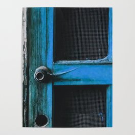 closeup old blue vintage wood door texture background Poster
