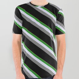 [ Thumbnail: Light Salmon, Forest Green, Lavender, Gray, and Black Colored Stripes/Lines Pattern All Over Graphic Tee ]