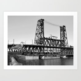 Black and White Series - Downtown Portland Oregon, Steel Bridge with Seagull Art Print
