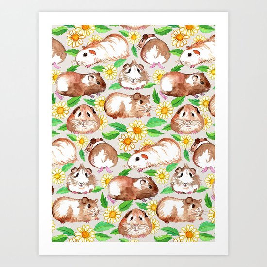 Guinea Pigs and Daisies in Watercolor Art Print