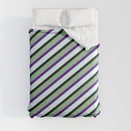 [ Thumbnail: Dark Sea Green, Indigo, Light Cyan, and Black Colored Striped Pattern Comforter ]