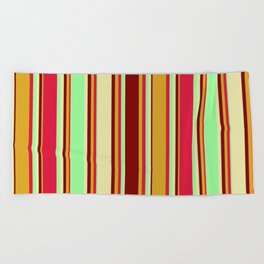 [ Thumbnail: Colorful Goldenrod, Maroon, Pale Goldenrod, Green, and Crimson Colored Lined Pattern Beach Towel ]