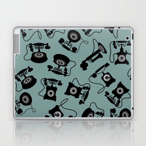Black Vintage Rotary Dial Telephone Pattern on Antique Pale Green Laptop & iPad Skin