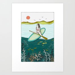 surfing girl beach resort art Art Print