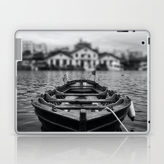 Ships in the blue harbor with seagull portrait black and white photograph / photography Laptop & iPad Skin