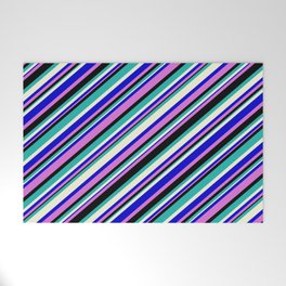 [ Thumbnail: Blue, Orchid, Black, Light Sea Green & Beige Colored Pattern of Stripes Welcome Mat ]