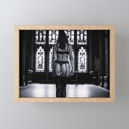 The sacraments; young nun sleep walking amid the nave of the church at night black and white photograph - photography - photographs Framed Mini Art Print