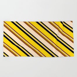 [ Thumbnail: Yellow, Brown, Bisque & Black Colored Pattern of Stripes Beach Towel ]