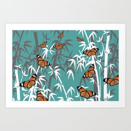 Orange Butterflies between Bamboo leaves turquoise #society6 Art Print