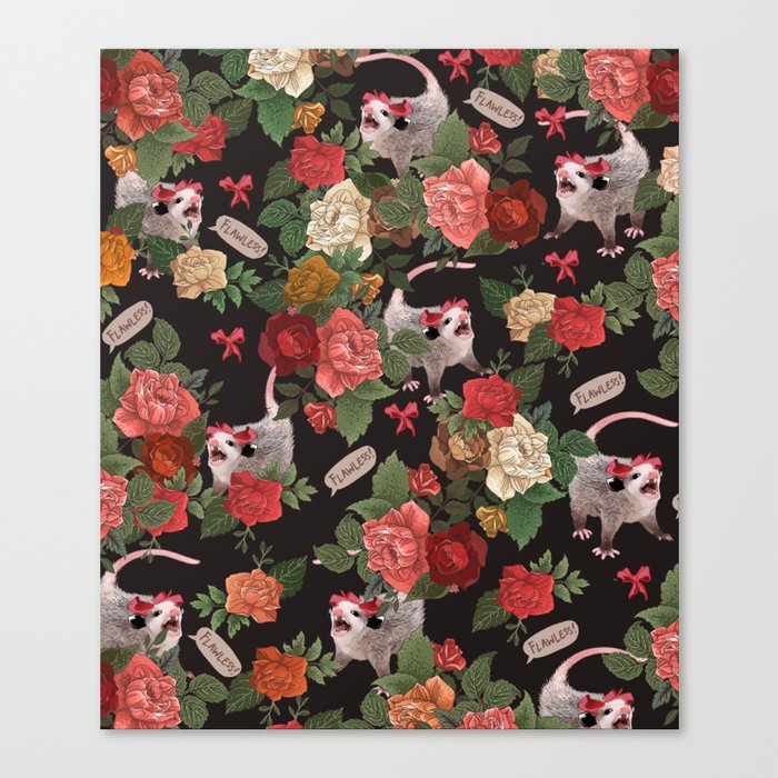 Opossum Floral Pattern (with text) Canvas Print