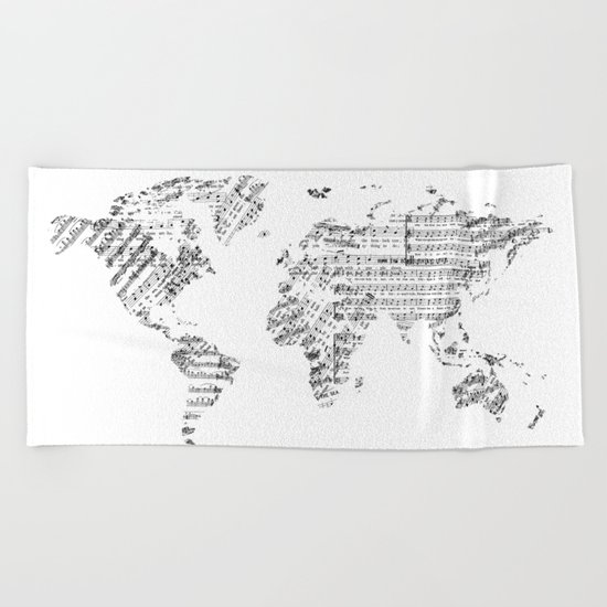 world map music vintage white Beach Towel
