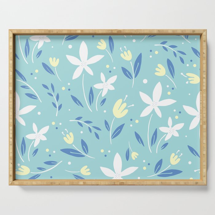 sea kiss floral blue summer flowers pattern Serving Tray