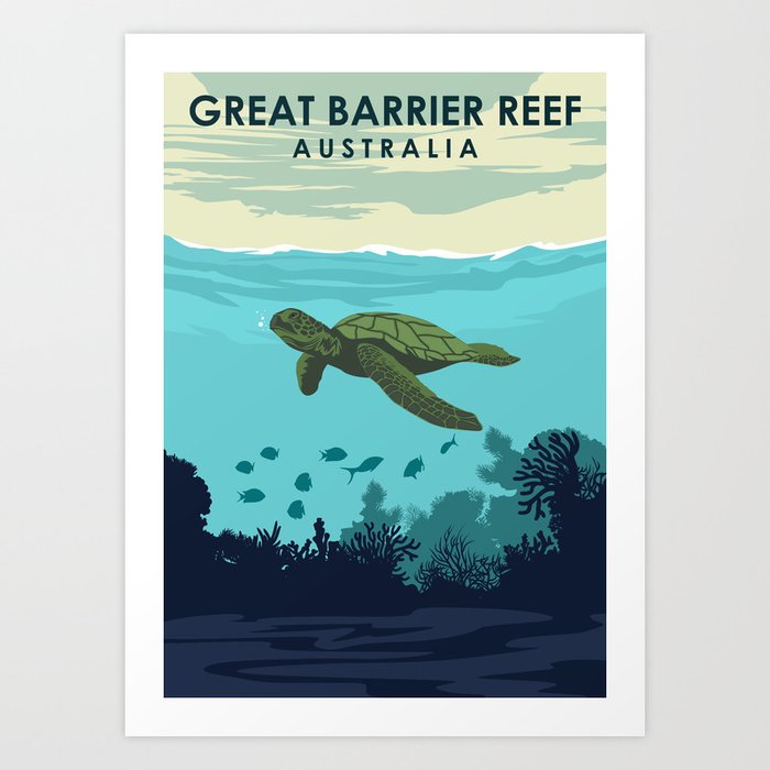 Great Barrier Reef Australia Turtle Travel Poster Art Print