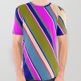 [ Thumbnail: Blue, Dark Blue, Tan, Fuchsia, and Green Colored Stripes/Lines Pattern All Over Graphic Tee ]