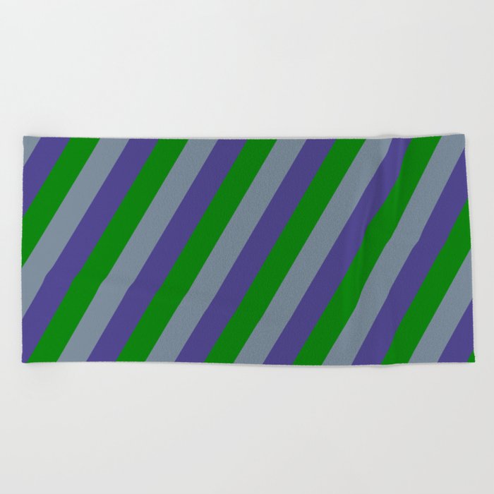 Light Slate Gray, Dark Slate Blue & Green Colored Lines/Stripes Pattern Beach Towel