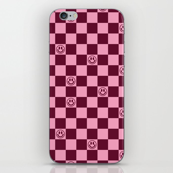 Smiley Faces On Checkerboard (Pink & Wine Burgundy)  iPhone Skin