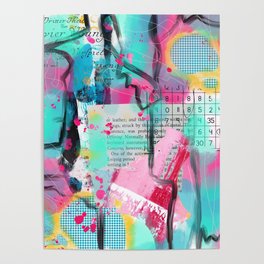 Turquoise, pink and yellow digital acrylic watercolor collage design Poster