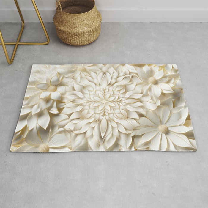 Elegant  Floral Pattern, In The Style Of Light White And Gold Rug