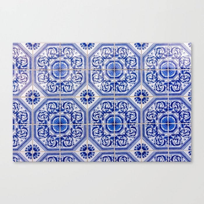 Close-up of blue and white ceramic wall tiles in Tavira, Portugal Canvas Print