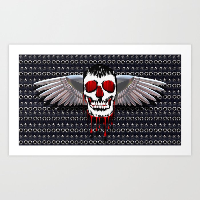 Skull with chromed wings on leather illustration Art Print