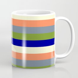 [ Thumbnail: Eye-catching Coral, Slate Gray, Green, Dark Blue & Light Yellow Colored Striped Pattern Coffee Mug ]