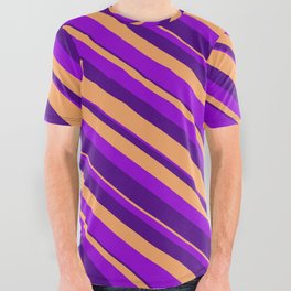 [ Thumbnail: Dark Violet, Indigo & Brown Colored Striped Pattern All Over Graphic Tee ]